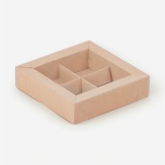 Коробка на 4 конфеты с прозрачной крышкой крафт 12х12х3 см 