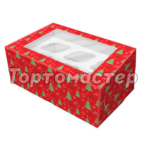 Коробка на 6 капкейков с окном "Ёлочки" 25х15х7 см КУ-474