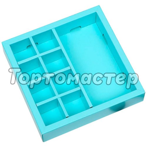 Коробка на 8 конфет и шоколадную плитку с окном голубая 17,7х17,8х3,85 см 7007543
